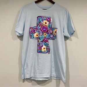 Texas True Light Blue Short Sleeve Floral Cross Graphic Crew Neck Women's Large